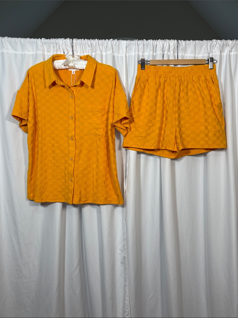 Women's Two-Piece Check-Texture Short Set in Mustard Yellow